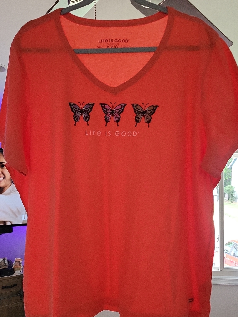 Life Is Good Coral V-Neck Short Sleeve Tee with Butterfly Trio